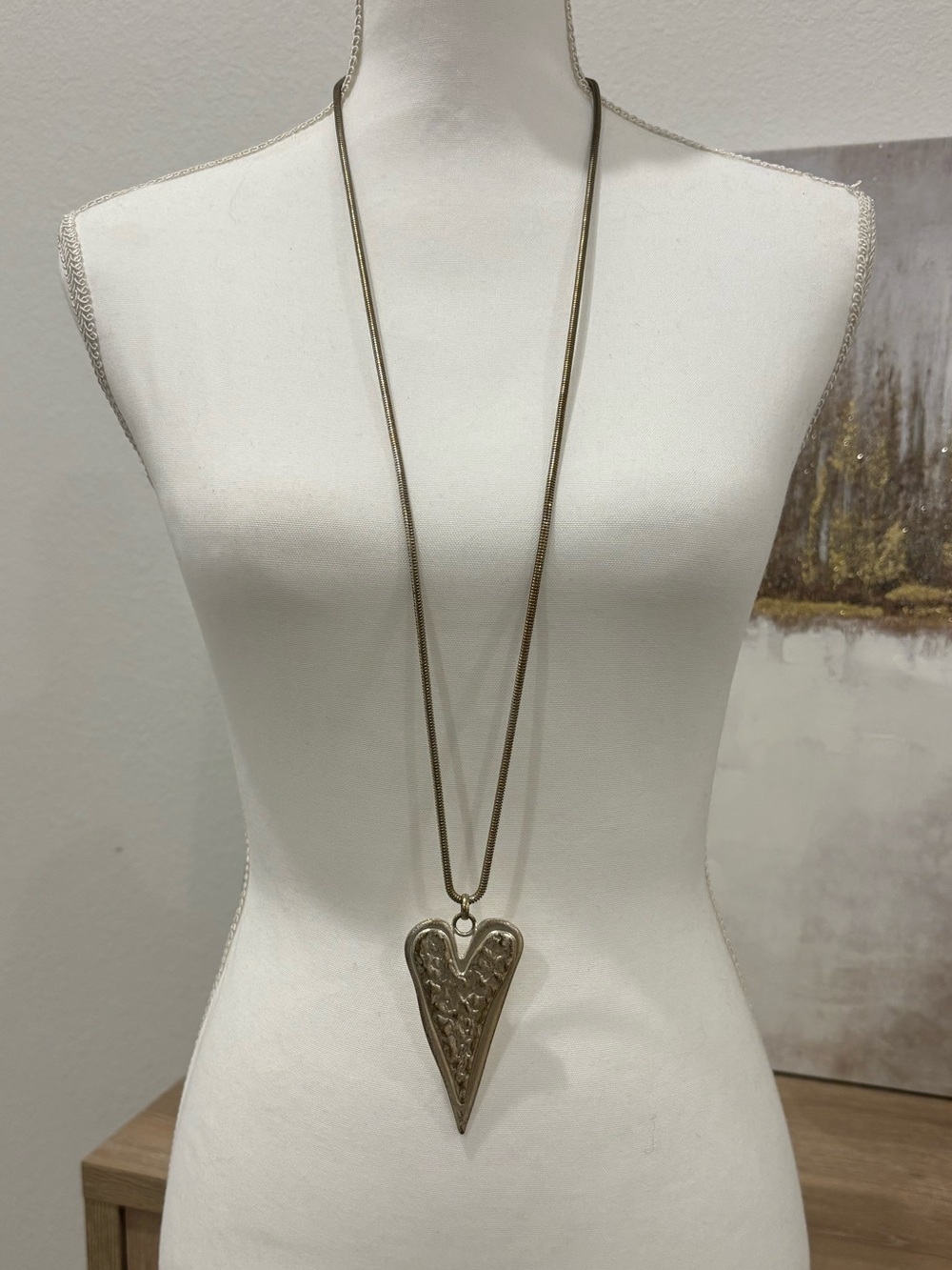 Long Heart Pendant Necklace - Silver Tone